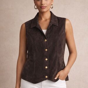 CJ Banks Brown Suede Leather Vest with Gold Snaps